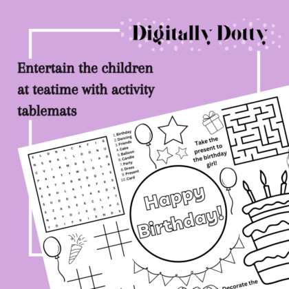 Birthday tablemat sample on a purple background